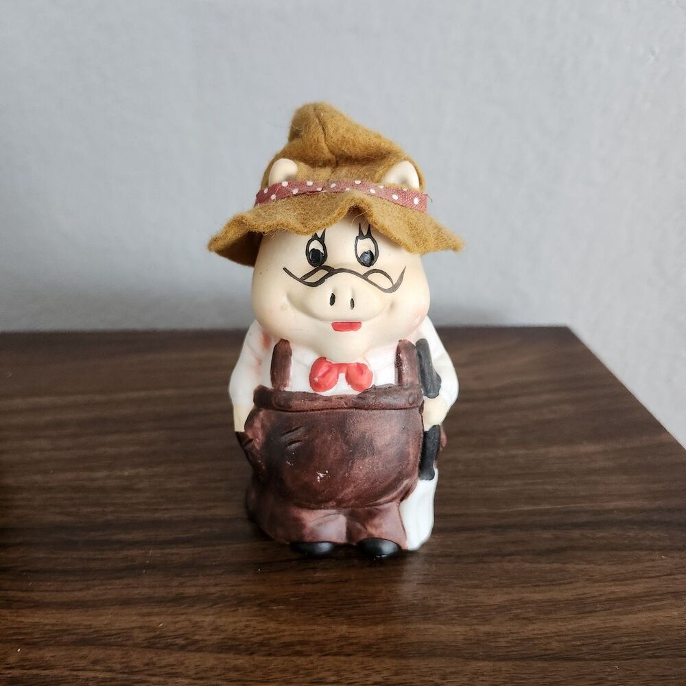 Vintage Anthropomorphic Pig Farmer Porcelain Bell Art Mark Taiwan Kitsch Decor